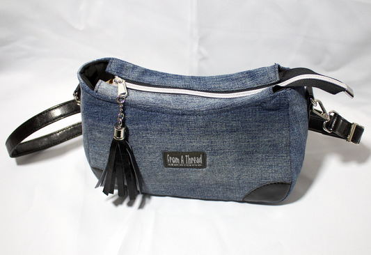 Recycled Repurposed Jean denim shoulder bag to crossbody - adjustable strap